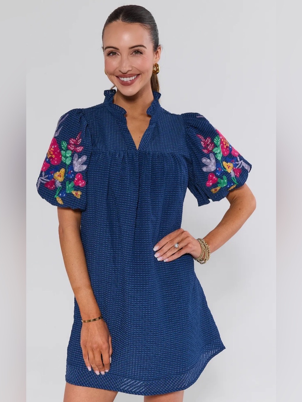 Avara Kris Blue Floral Dress with Colorful Embroidered Puff Sleeves